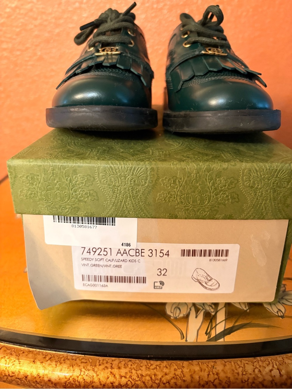 Authentic Gucci Kids Dark Green Leather & Lizard Dress Shoes